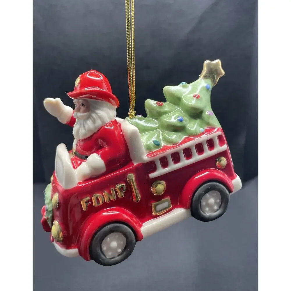 Lenox Santa in Fire Truck Christmas Ornament. Porcelain New Opened For Pics Only
